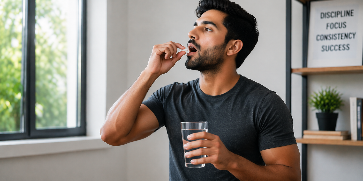 Man holding a glass of water and a supplement in a home setting