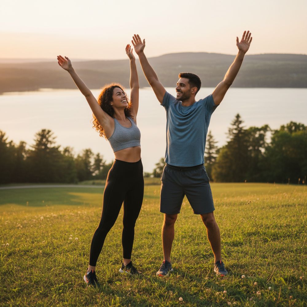 Two people with arms raised in a field with a scenic background