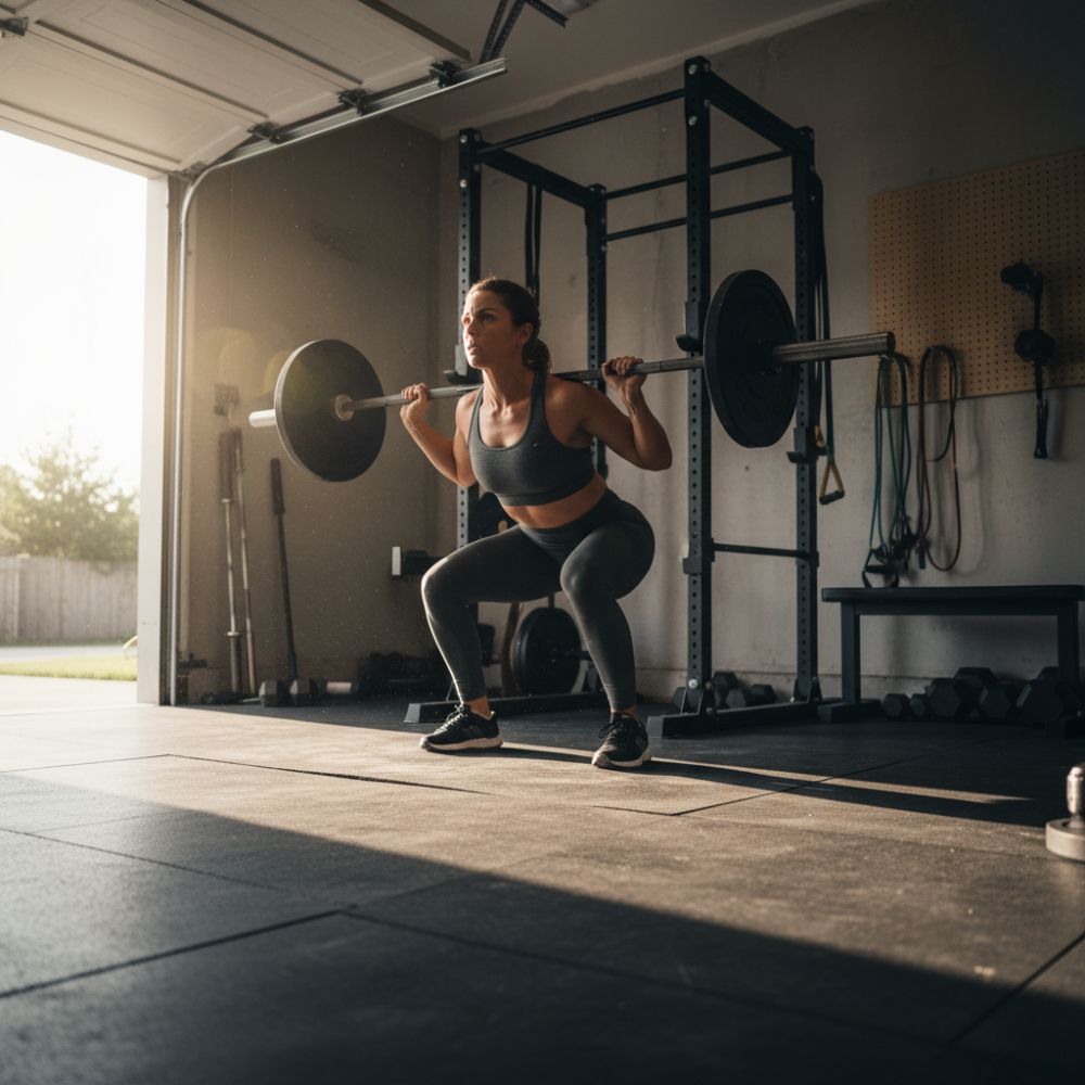 Woman lifting weights in a home gym setting