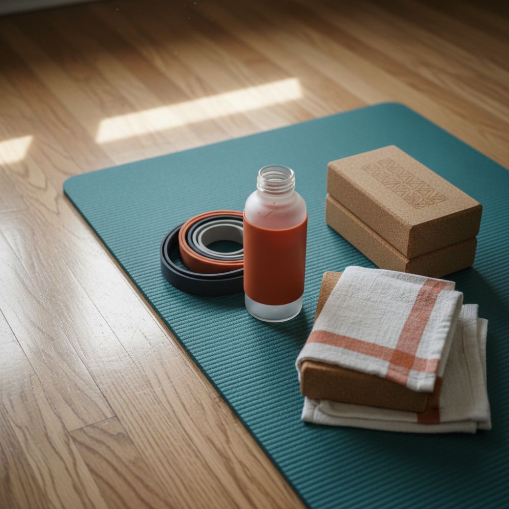 Yoga mat with a bottle, towel, and blocks on a wooden floor