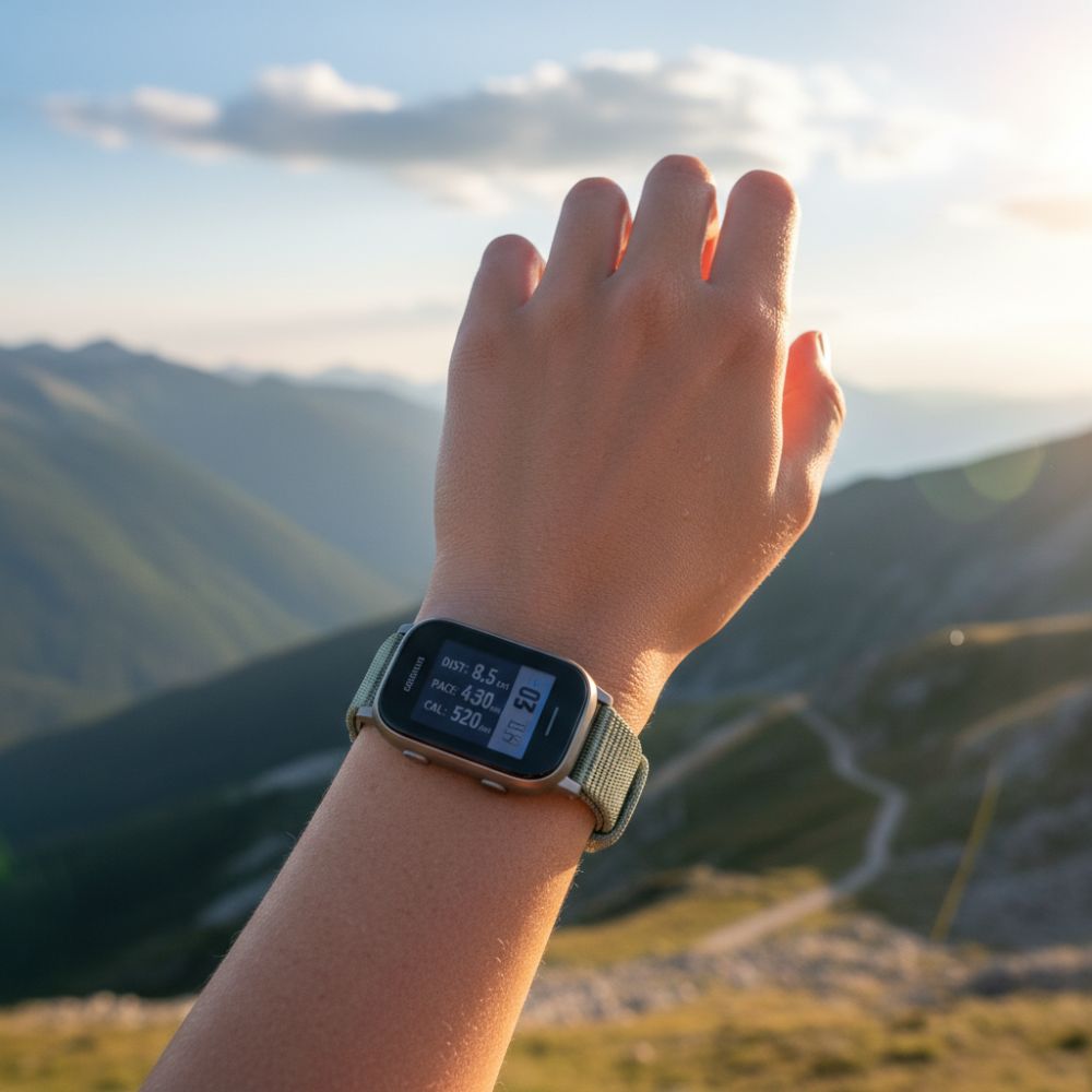 Hand wearing a smartwatch with a mountainous landscape in the background