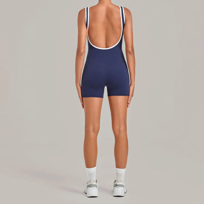 Color Blocking Brushed Yoga Jumpsuit Women Hollow Out Backless Tight Sport One Piece Suit Gym Running Exercise Fitness Bodysuits