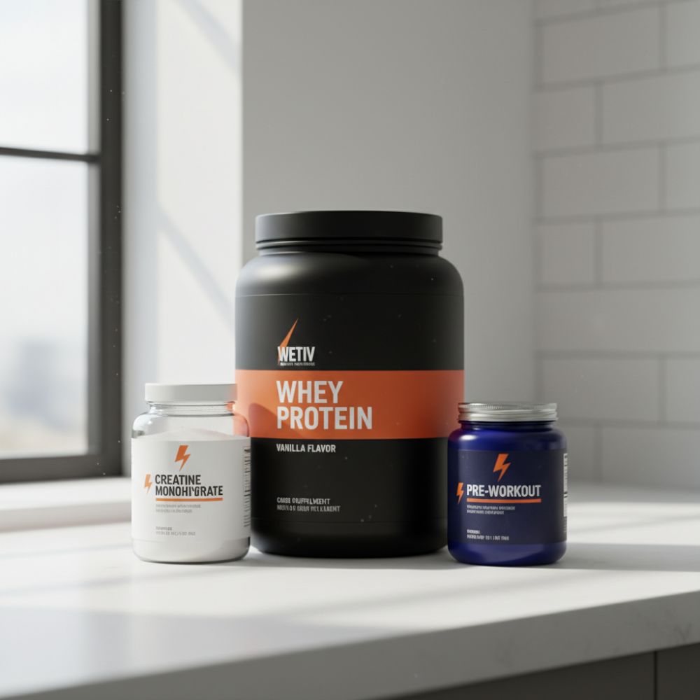 Whey protein container with creatine monohydrate and pre-workout supplement on a windowsill.